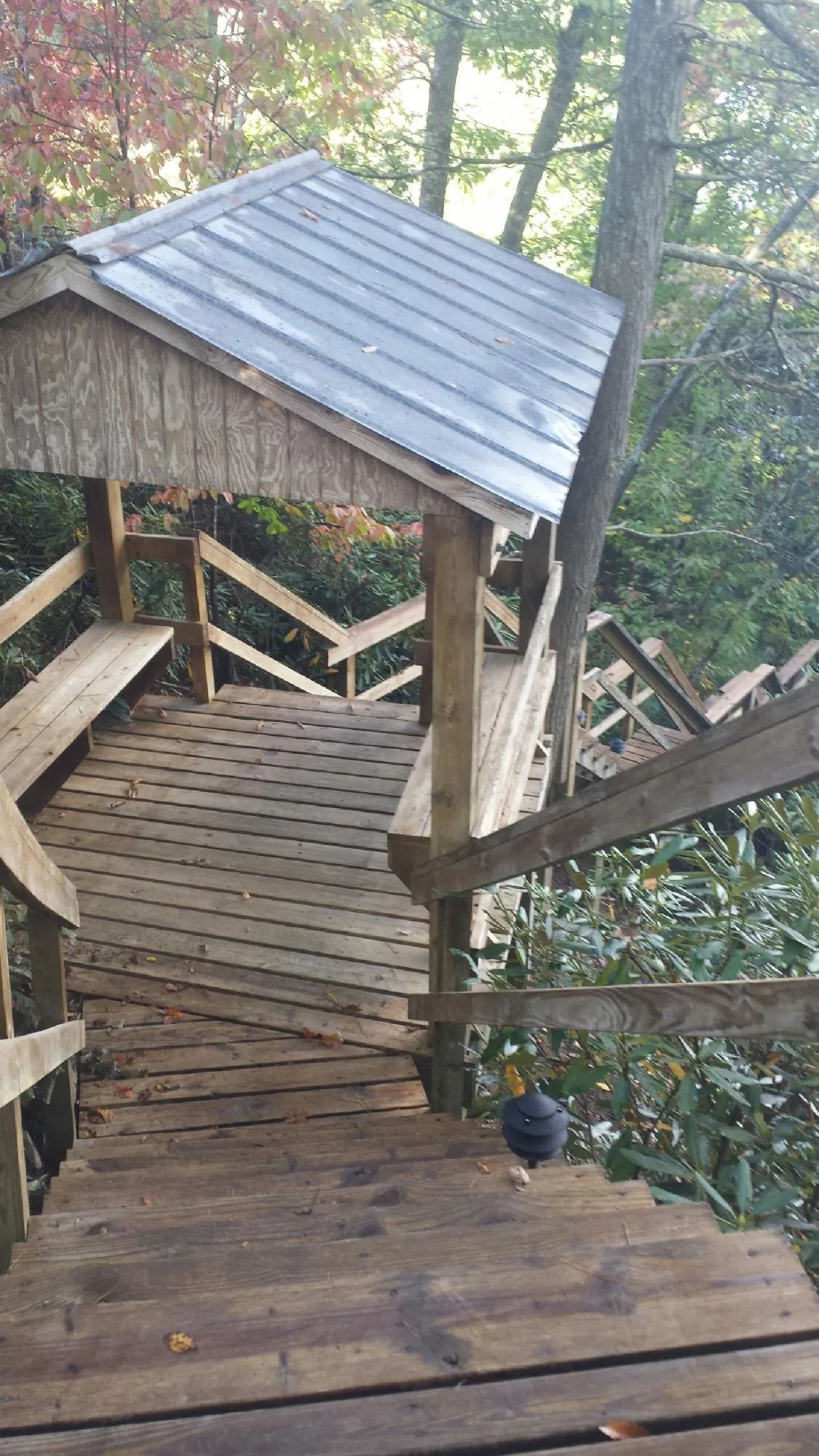 Metal roofed shelter over wooden steps on a wooded walkway — Skylight Repair & Installation work by our crew in Claryville